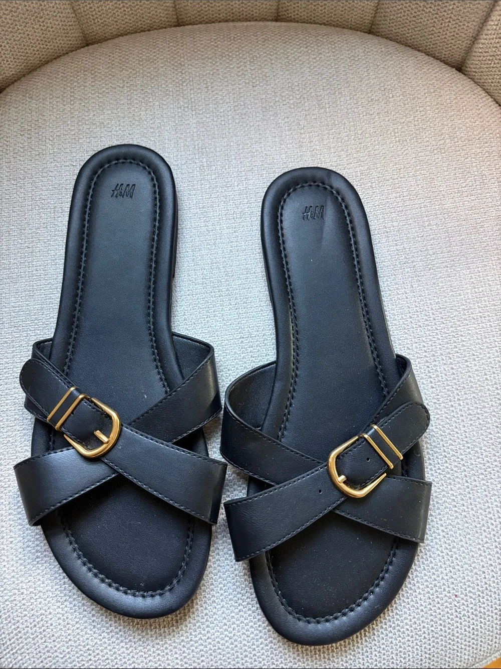 H&M Black Cross-Strap Slide Sandals with Gold Buckles